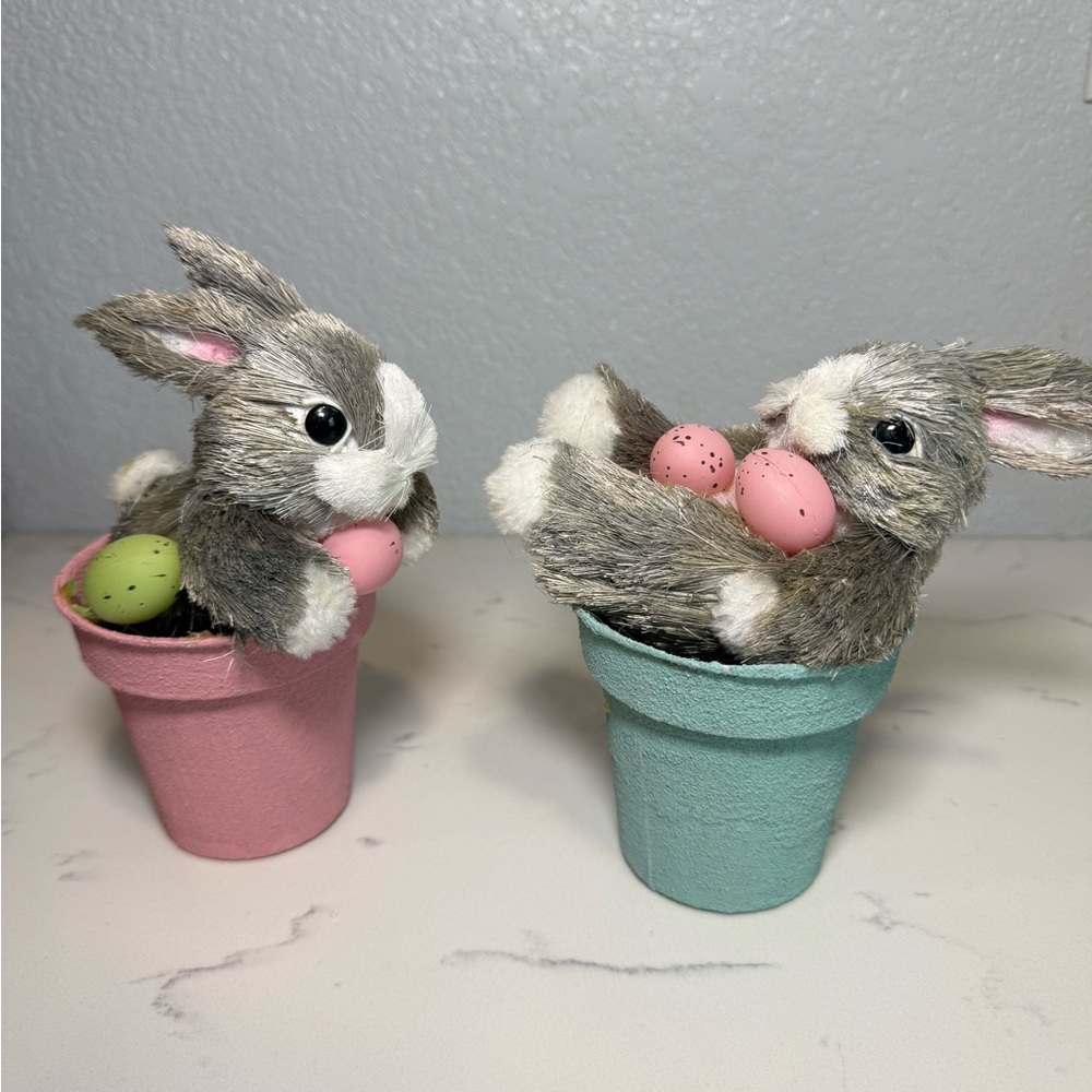 Adorable Gray Two Bunnies Decor in Pink and Blue